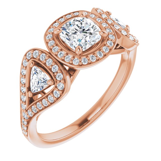 10K Rose Gold Customizable Cathedral-set Cushion Cut Design with 2 Trillion Cut Accents, Halo and Split-Shared Prong Band