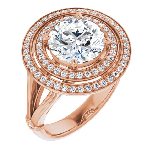 18K Rose Gold Customizable Cathedral-set Round Cut Design with Double Halo, Wide Split Band and Side Knuckle Accents