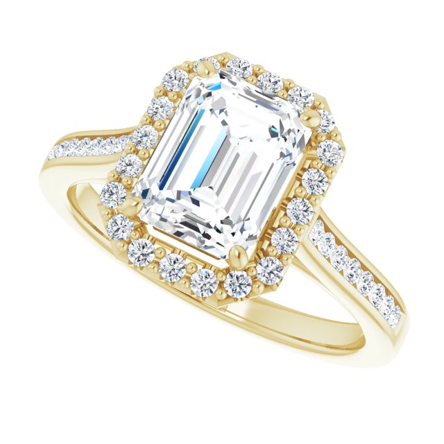 Cubic Zirconia Engagement Ring- The Star (Customizable Emerald Cut Design with Halo, Round Channel Band and Floating Peekaboo Accents)