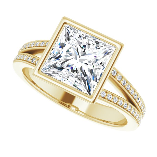 Cubic Zirconia Engagement Ring- The Jenni Lou (Customizable Bezel-set Princess/Square Cut Design with Split Shared Prong Band)
