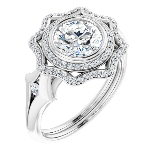 10K White Gold Customizable Cathedral-bezel Round Cut Design with Floral Double Halo and Channel-Accented Split Band