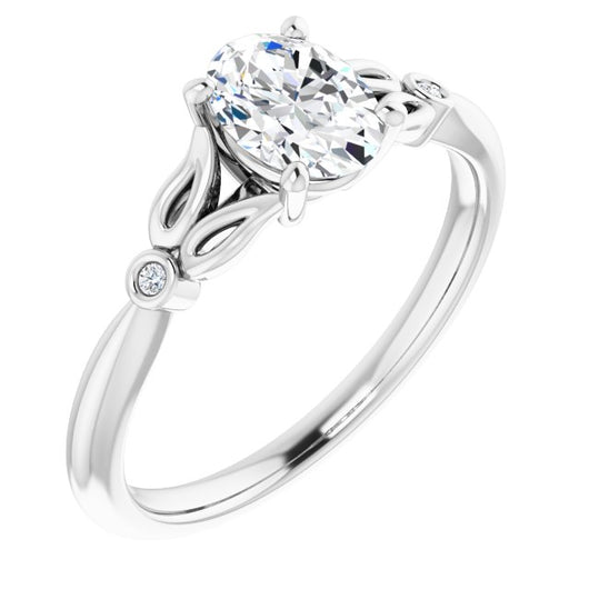 10K White Gold Customizable 3-stone Oval Cut Design with Thin Band and Twin Round Bezel Side Stones