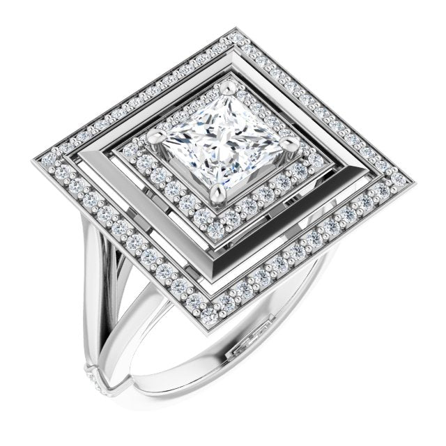 10K White Gold Customizable Princess/Square Cut Oversized 2x Halo Style with Knuckle Accented Split Band