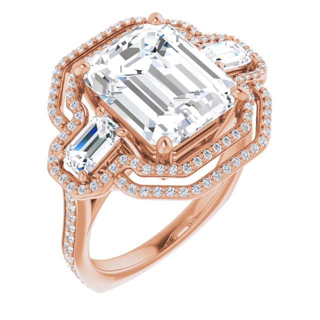10K Rose Gold Customizable Enhanced 3-stone Style with Emerald/Radiant Cut Center, Emerald Cut Accents, Double Halo and Thin Shared Prong Band