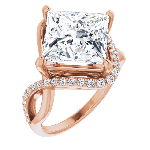 10K Rose Gold Customizable Princess/Square Cut Design with Semi-Accented Twisting Infinity Bypass Split Band and Half-Halo