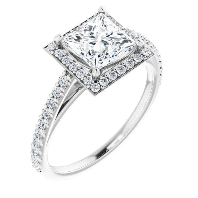 10K White Gold Customizable Princess/Square Cut Design with Halo and Thin Pavé Band