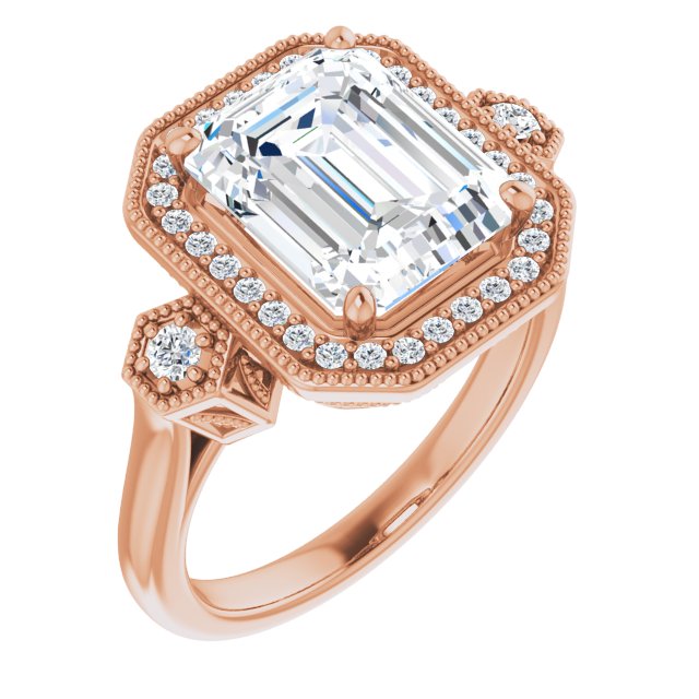 10K Rose Gold Customizable Cathedral Emerald/Radiant Cut Design with Halo and Delicate Milgrain