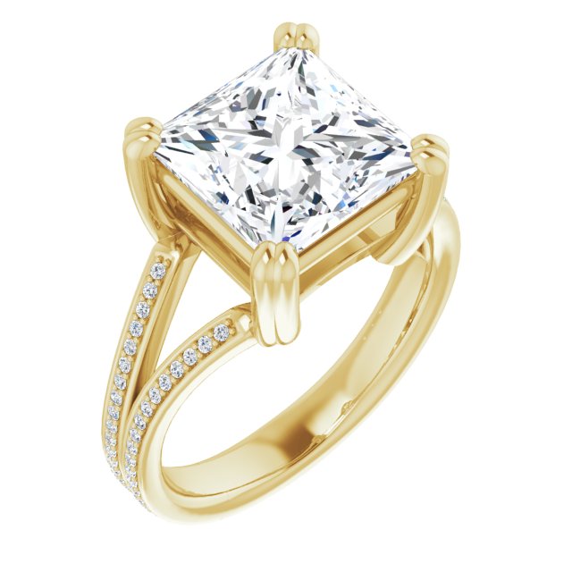 10K Yellow Gold Customizable Princess/Square Cut Center with 100-stone* "Waterfall" Pavé Split Band