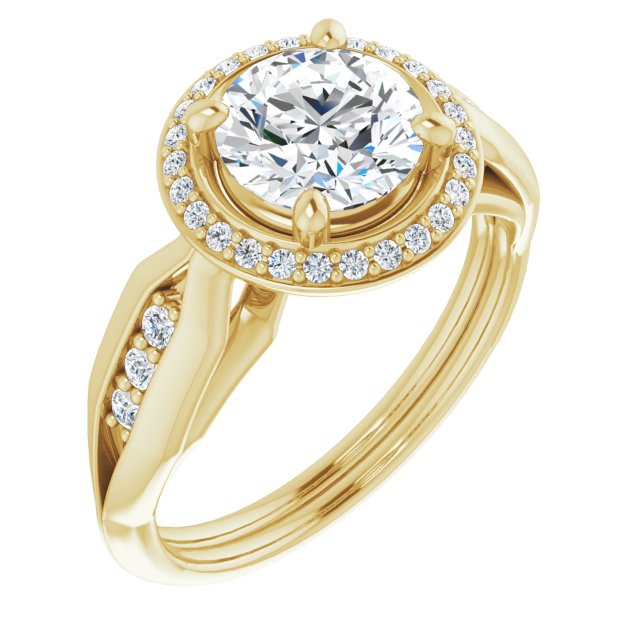 10K Yellow Gold Customizable Cathedral-raised Round Cut Design with Halo and Tri-Cluster Band Accents
