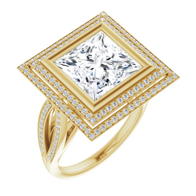 10K Yellow Gold Customizable Bezel-set Princess/Square Cut Style with Double Halo and Split Shared Prong Band