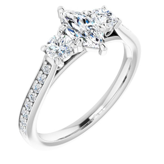 10K White Gold Customizable Marquise Cut Cathedral Setting with Filigree Design and Shared Prong Band