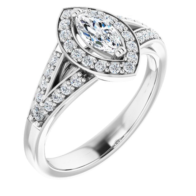 10K White Gold Customizable Cathedral-set Marquise Cut Style with Accented Split Band and Halo