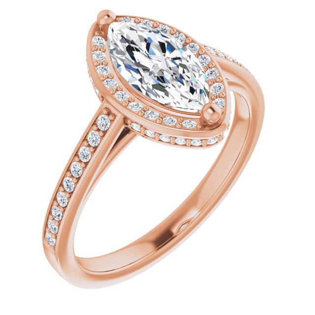 10K Rose Gold Customizable Cathedral-Halo Marquise Cut Design with Under-halo & Shared Prong Band