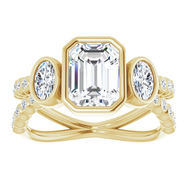 Cubic Zirconia Engagement Ring- The Tamanna (Customizable Bezel-set Emerald Cut Design with Dual Bezel-Oval Accents and Round-Bezel Accented Split Band)