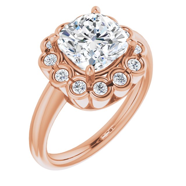 10K Rose Gold Customizable 13-stone Cushion Cut Design with Floral-Halo Round Bezel Accents