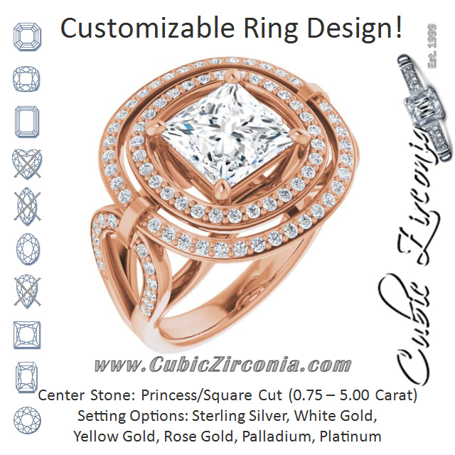 Cubic Zirconia Engagement Ring- The Daksha (Customizable Cathedral-set Princess/Square Cut Design with Double Halo & Accented Ultra-wide Horseshoe-inspired Split Band)