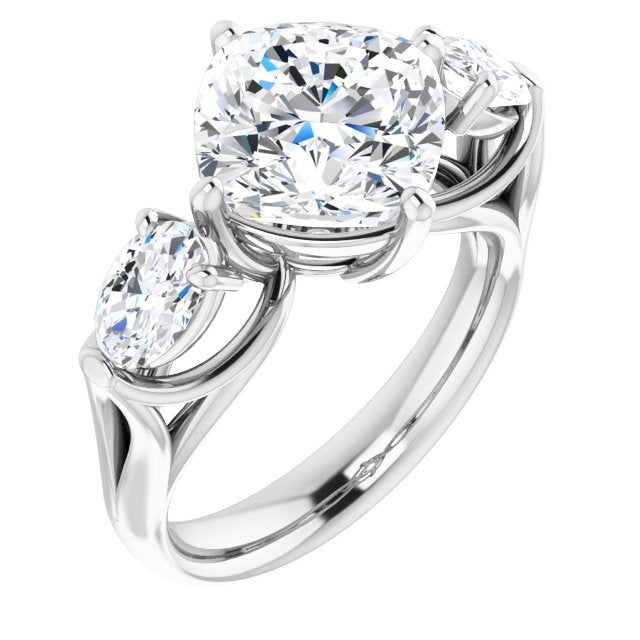 10K White Gold Customizable Cathedral-set 3-stone Cushion Cut Style with Dual Oval Cut Accents & Wide Split Band