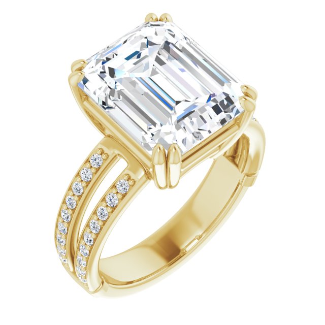 14K Yellow Gold Customizable Emerald/Radiant Cut Design featuring Split Band with Accents