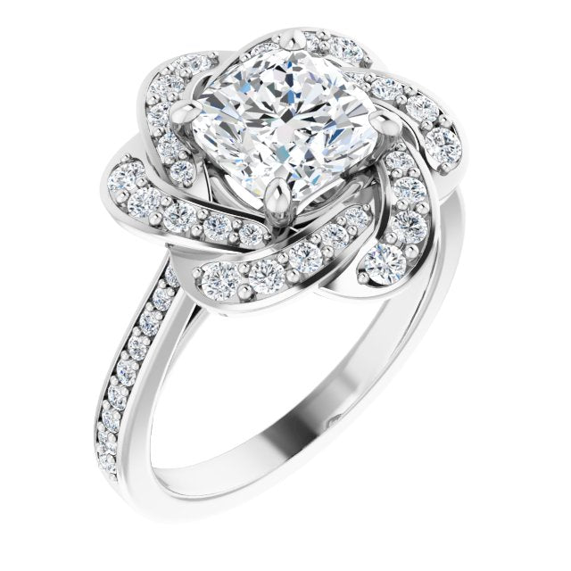 Cubic Zirconia Engagement Ring- The Lana (Customizable Cathedral-raised Cushion Cut Design with Floral/Knot Halo and Thin Accented Band)