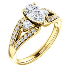 CZ Wedding Set, featuring The Karen engagement ring (Customizable Enhanced 3-stone Design with Pear Cut Center, Dual Trillion Accents and Wide Pavé-Split Band)