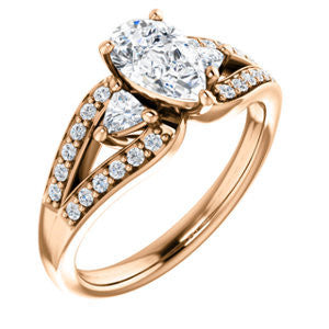 CZ Wedding Set, featuring The Karen engagement ring (Customizable Enhanced 3-stone Design with Pear Cut Center, Dual Trillion Accents and Wide Pavé-Split Band)