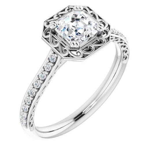 10K White Gold Customizable Asscher Cut Halo Design with Filigree and Accented Band