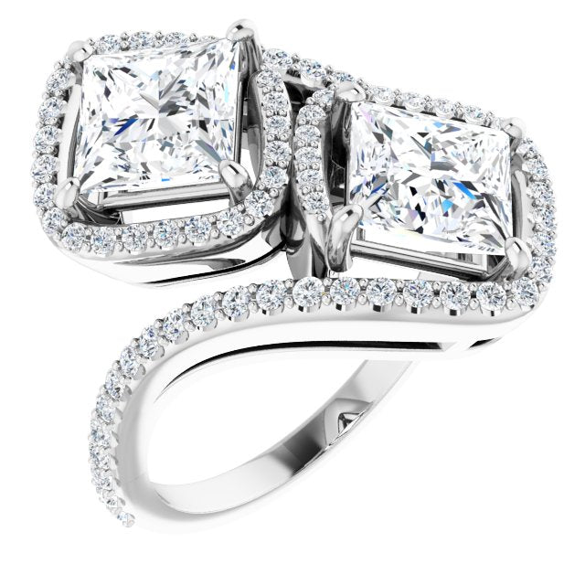 10K White Gold Customizable Double Princess/Square Cut 2-Stone Style Enhanced with Accented Artisan Bypass Band