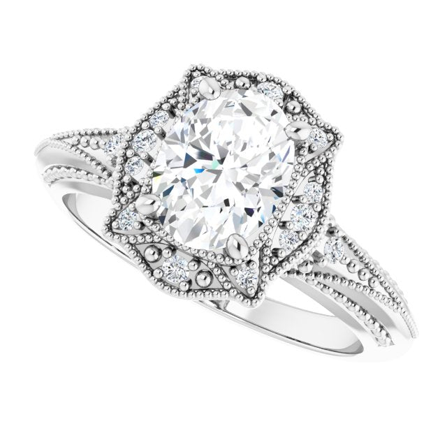 Cubic Zirconia Engagement Ring- The Ashton (Customizable Vintage Oval Cut Design with Beaded Milgrain and Starburst Semi-Halo)