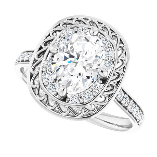 Cubic Zirconia Engagement Ring- The Ariané Contessa (Customizable Cathedral-style Oval Cut featuring Cluster Accented Filigree Setting & Shared Prong Band)