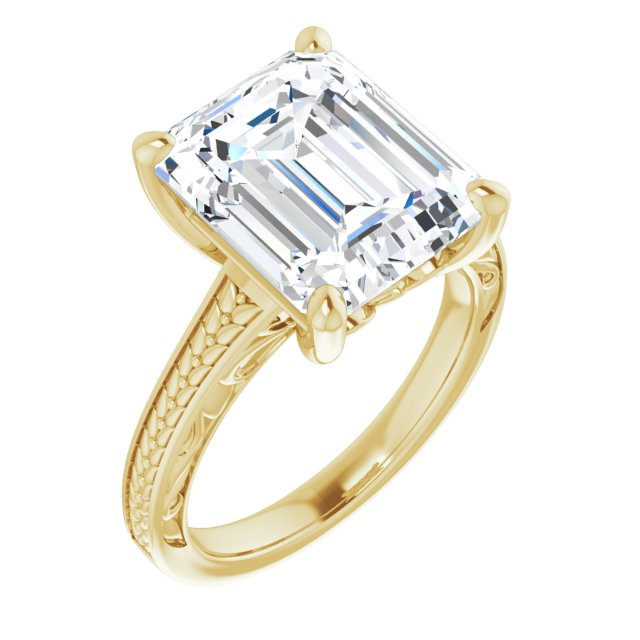 10K Yellow Gold Customizable Emerald/Radiant Cut Solitaire with Organic Textured Band and Decorative Prong Basket