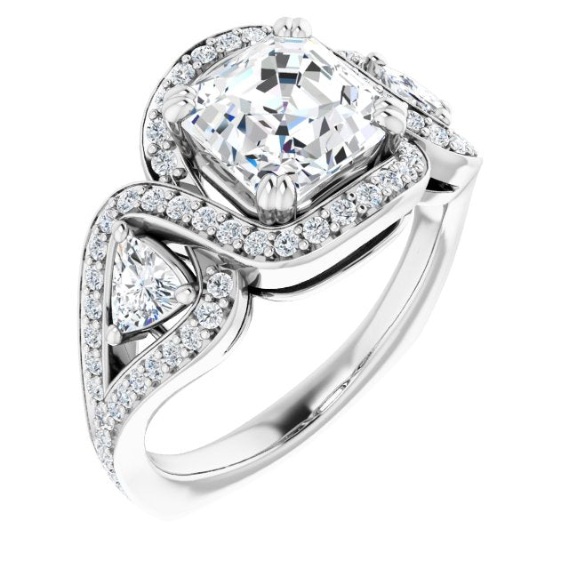 Cubic Zirconia Engagement Ring- The Ana Miranda (Customizable Asscher Cut Center with Twin Trillion Accents, Twisting Shared Prong Split Band, and Halo)