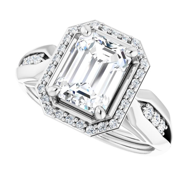 Cubic Zirconia Engagement Ring- The Ina Vaani (Customizable Cathedral-raised Emerald Cut Design with Halo and Tri-Cluster Band Accents)