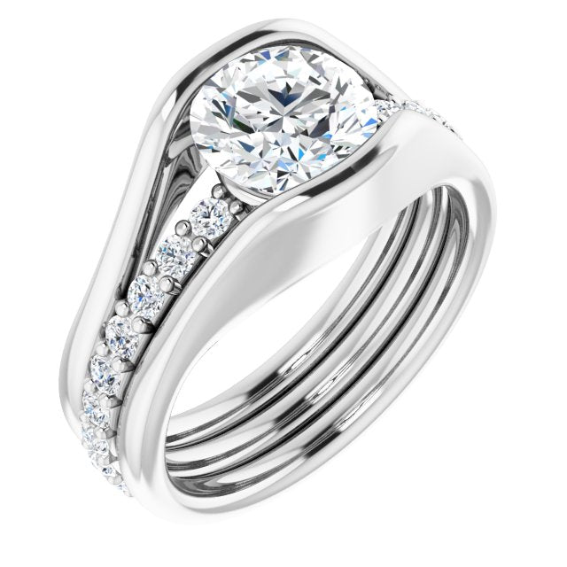 14K White Gold Customizable Bezel-set Round Cut Style with Thick Pavé Band