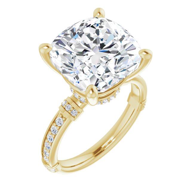 10K Yellow Gold Customizable Cushion Cut Style featuring Under-Halo, Shared Prong and Quad Horizontal Band Accents