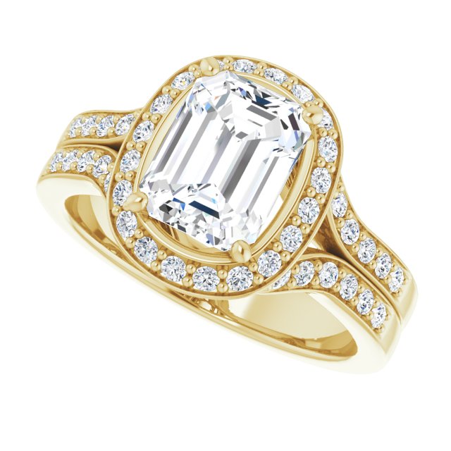 Cubic Zirconia Engagement Ring- The Ginny Lynn (Customizable Emerald Cut Halo Style with Accented Split-Band)