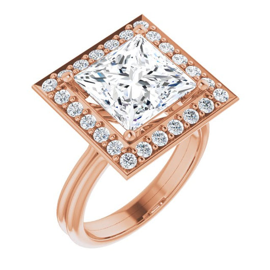 10K Rose Gold Customizable Cluster-Halo Accented Princess/Square Cut Style with Tapered Dual Band