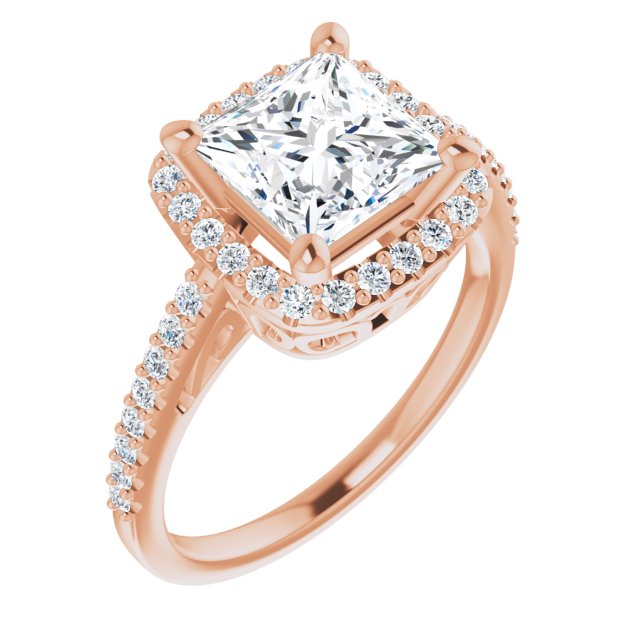 10K Rose Gold Customizable Cathedral-Crown Princess/Square Cut Design with Halo and Accented Band