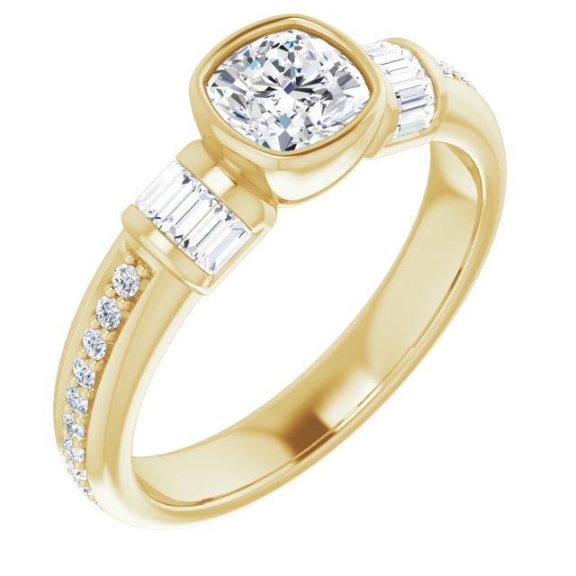 10K Yellow Gold Customizable Cathedral-Bezel Cushion Cut Style with Horizontal Baguettes & Shared Prong Band