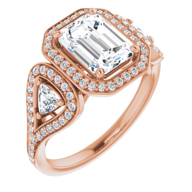 Cubic Zirconia Engagement Ring- The Cordelia (Customizable Cathedral-set Emerald Cut Design with 2 Trillion Cut Accents, Halo and Split-Shared Prong Band)