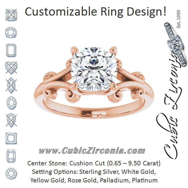 Cubic Zirconia Engagement Ring- The Paisley (Customizable Cushion Cut Solitaire with Band Flourish and Decorative Trellis)