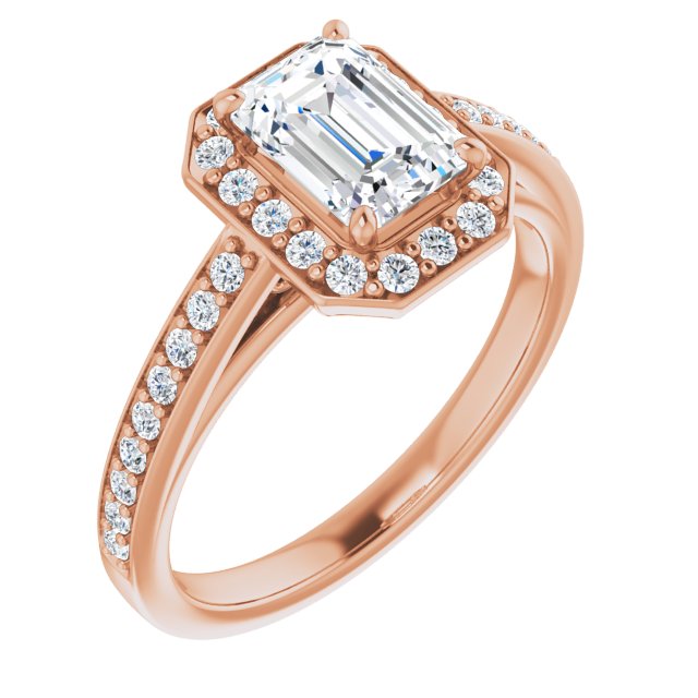 10K Rose Gold Customizable Emerald/Radiant Cut Style with Halo and Sculptural Trellis