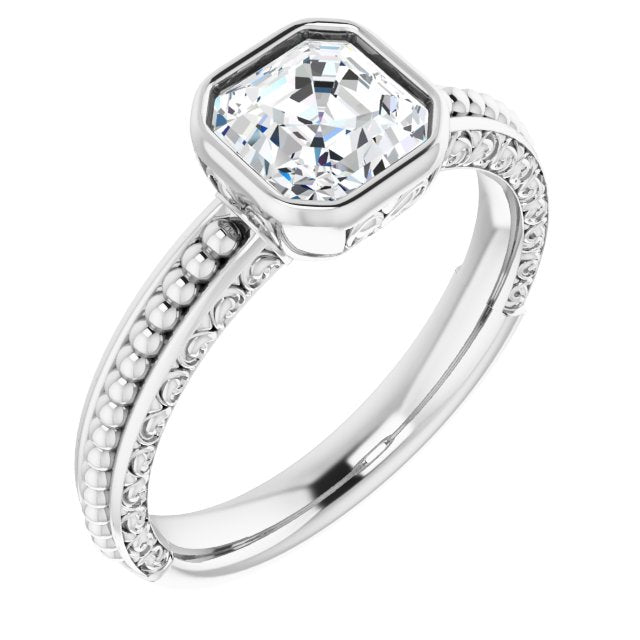 10K White Gold Customizable Bezel-set Asscher Cut Solitaire with Beaded and Carved Three-sided Band