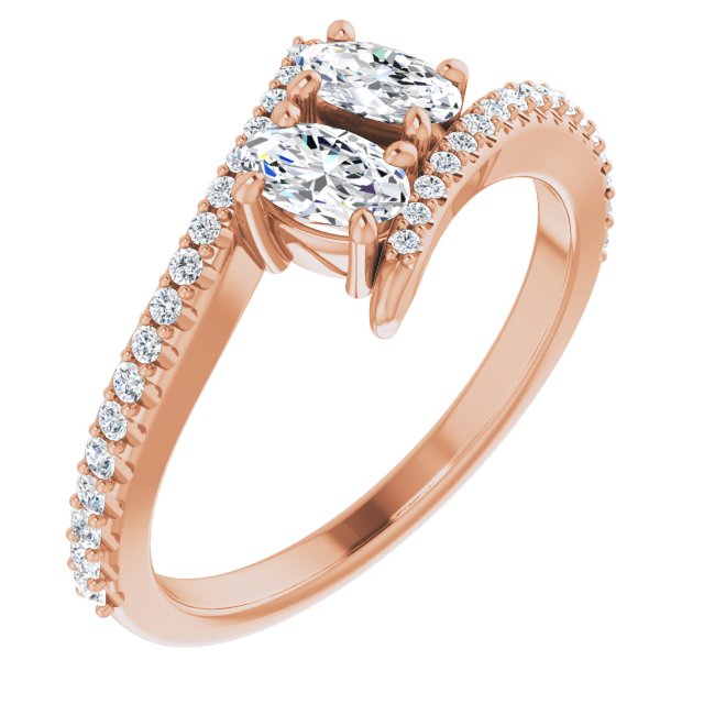 10K Rose Gold Customizable Double Oval Cut 2-stone Design with Ultra-thin Bypass Band and Pavé Enhancement
