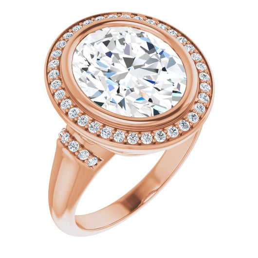 10K Rose Gold Customizable Bezel-set Oval Cut Design with Halo and Vertical Round Channel Accents
