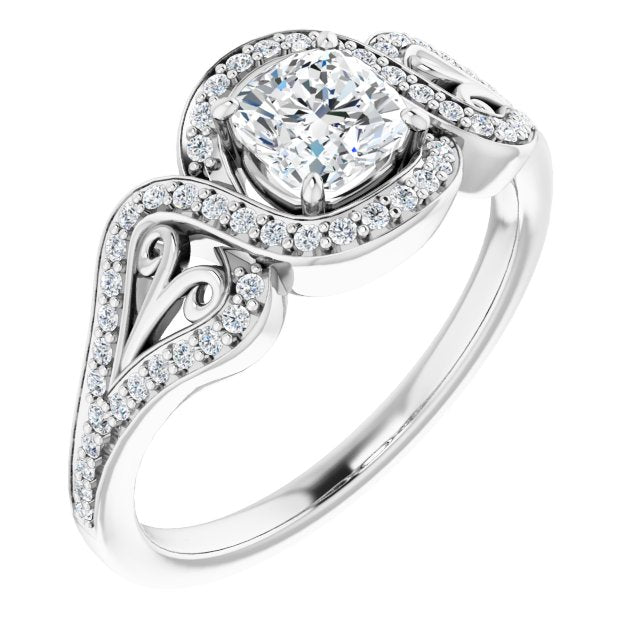 14K White Gold Customizable Cushion Cut Design with Bypass Halo and Split-Shared Prong Band