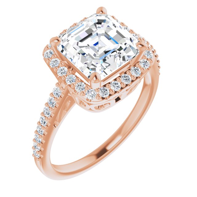 10K Rose Gold Customizable Cathedral-Crown Asscher Cut Design with Halo and Accented Band