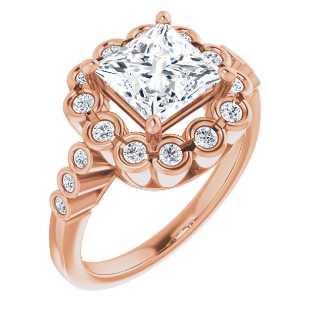 10K Rose Gold Customizable Princess/Square Cut Design with Round-bezel Halo and Band Accents