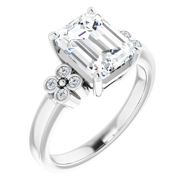 10K White Gold Customizable 9-stone Design with Emerald/Radiant Cut Center and Complementary Quad Bezel-Accent Sets