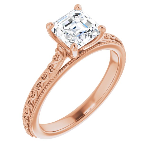 10K Rose Gold Customizable Asscher Cut Solitaire with Delicate Milgrain Filigree Band
