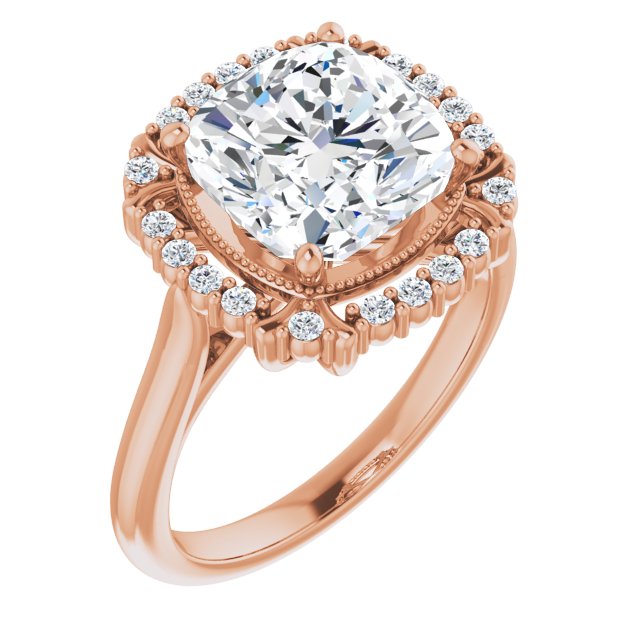 10K Rose Gold Customizable Cushion Cut Design with Majestic Crown Halo and Raised Illusion Setting